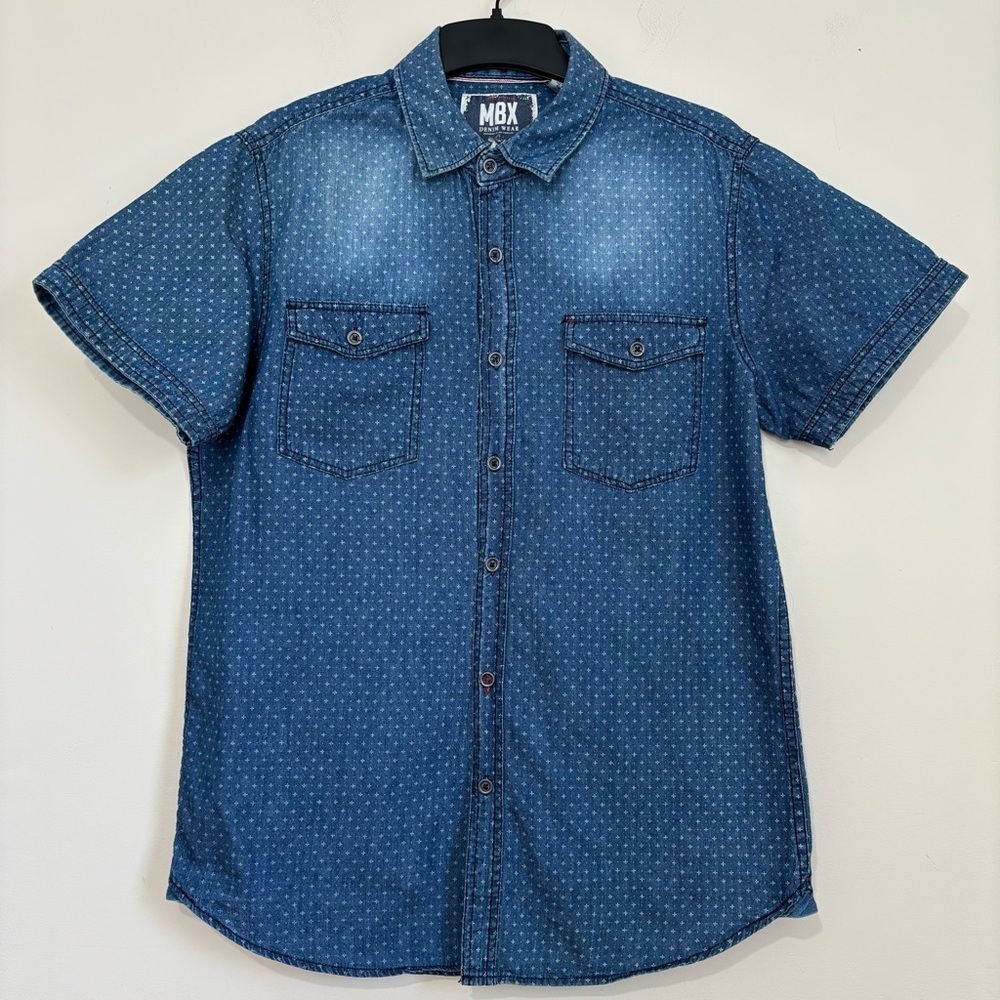 MBX Denim Wear Navy Blue Tiny Stars Print Short Sleeve Button Up Causal Shirt